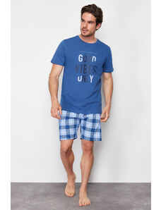 Trendyol Indigo Plaid Regular Fit Knitted Shorts Pajamas Set