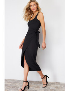 Trendyol Black Wrapover Detail Stretch Midi Knitted Dress