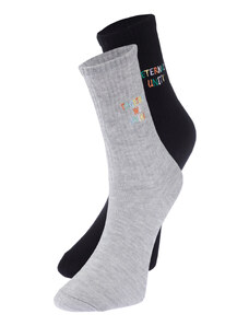 Trendyol Grey-Black 2 Pack Cotton Embroidered Knitted Socks