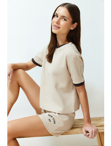 Trendyol Beige-Multicolor Color Blocked Slogan Embroidered Waffle Knitted Pajamas Set