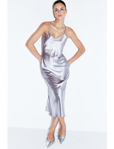 Trendyol Gray Straight Cut Shiny Look Satin Maxi Woven Dress