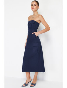 Trendyol Navy Blue Straight Cut Midi Strapless Pocket Detailed Gabardine Woven Dress