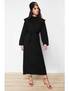 Trendyol Black Belted Knitted Dress with Shoulder Detail