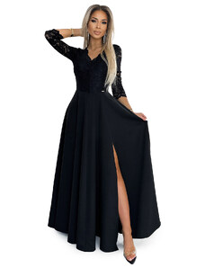 NUMOCO AMBER elegantní krajkové dlouhé šaty s výstřihem a rozparkem na nohavicích - černé
