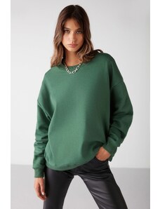 GRIMELANGE Susana Women's Crew Neck With Fleece Inside Oversize Fit Basic Green Sweatshir