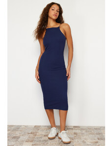 Trendyol Navy Blue Fitted Barbell Neck Ribbed Stretchy Knitted Midi Pencil Dress