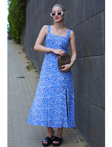 Madmext Blue Patterned Slit Long Dress