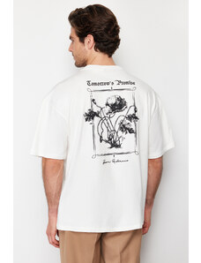 Trendyol Ecru Oversize Fluffy Floral Printed 100% Cotton T-Shirt