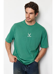 Trendyol Green Oversize Deer Embroidered 100% Cotton T-Shirt