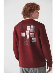 Avva Men's Burgundy Crew Neck 3 Thread Fleece Printed Regular Fit Sweatshirt