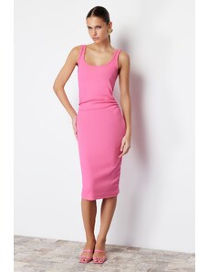 Trendyol Pink Pool Neckline Decollete Gathered Bodycone/Capable Elastic Knitted Midi Dress