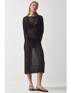 Happiness İstanbul Women's Black Openwork Transparent Long Knitwear Dress