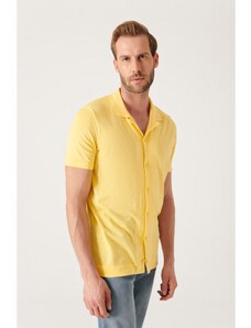 Avva Men's Yellow Cuban Collar Short Sleeve Slim Fit Slim Fit Knitwear Cardigan