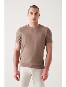 Avva Men's Mink Crew Neck Textured Ribbed Standard Fit Normal Cut Knitwear T-shirt