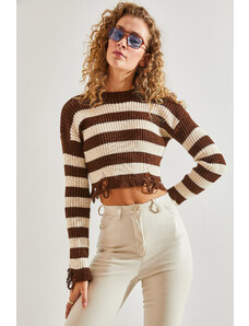 Bianco Lucci Women's Ripped Patterned Crop Striped Sweater
