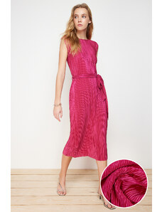 Trendyol Fuchsia Padded Belted Pleated Knitted Midi Dress