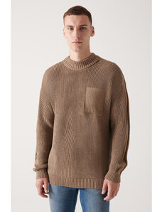 Avva Men's Mink Crew Neck Pocket Detailed Cotton Loose Comfort Fit Relaxed Cut Knitwear Sweater