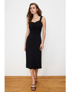 Trendyol Black Sweetheart Neckline Gathered Stretchy Knitted Midi Dress