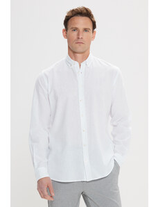 AC&Co / Altınyıldız Classics Men's White Comfort Fit Comfortable Cut Buttoned Collar Casual Linen Shirt.