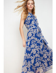 Trendyol Navy Blue Floral Print Belted A-line Halter Neck Sleeveless Midi Lined Woven Dress