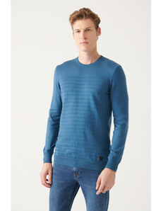 Avva Men's Indigo Crew Neck Knit Detailed Cotton Standard Fit Regular Cut Knitwear Sweater