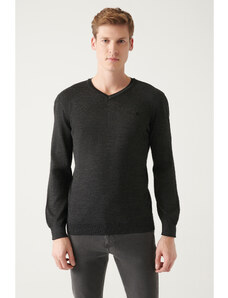 Avva Men's Anthracite V Neck Wool Blended Regular Fit Knitwear Sweater