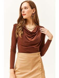 Olalook Women's Bitter Brown Padded Pleated Collar Blouse