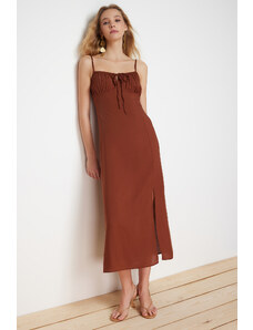 Trendyol Brown A-Line Midi Woven Dress with Tie Detail on the Collar