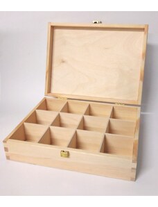 Dřevěná krabička na čaj s dvanácti přihrádkami a zapínáním - 2. JAKOST!