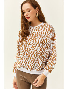 Olalook Women's Zebra Brown Basic Soft Textured Loose Sweatshirt
