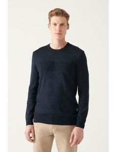 Avva Men's Navy Blue Crew Neck Text Slogan Cotton Regular Fit Knitwear Sweater
