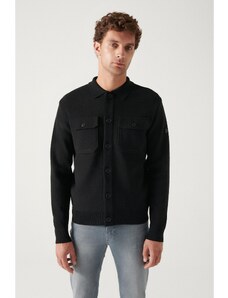 Avva Men's Black Woolen Chest Pocket Buttoned Polo Collar Standard Fit Normal Cut Cardigan Coat