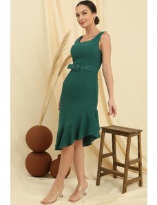 By Saygı Flounce Side Waist Belt Lined Crepe Dress