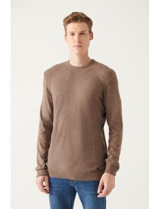 Avva Men's Mink Crew Neck Textured Front Regular Fit Knitwear Sweater