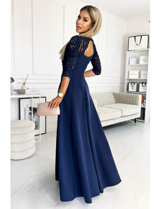numoco AMBER - Tmavě modré elegantní dámské dlouhé krajkové šaty s výstřihem 309-6