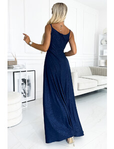 numoco CHIARA - Tmavě modré elegantní dámské maxi šaty na ramínkách s brokátem 299-10