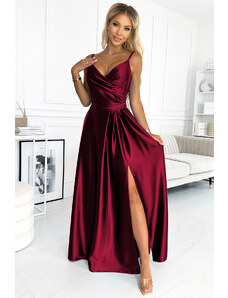numoco CHIARA - Elegantní dlouhé dámské saténové maxi šaty ve vínové bordó barvě na ramínkách 299-13