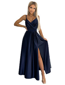 numoco JULIET - Elegantní tmavě modré dlouhé dámské saténové šaty s výstřihem 512-2