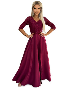 Elegantní dlouhé maxi šaty s krajkovým výstřihem Numoco AMBER - vínové
