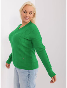 Fashionhunters Zelený pletený svetr s výstřihem do V