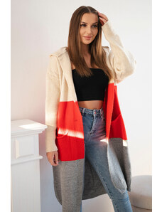 K-Fashion Pruhovaný svetr s kapucí béžová+červená+šedý