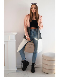 K-Fashion Pruhovaný svetr s kapucí pudrově růžová+grafitová+ecru