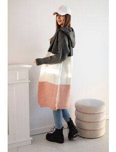 K-Fashion Pruhovaný svetr s kapucí grafit+ecru+pudrově růžová