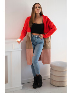 K-Fashion Pruhovaný svetr s kapucí červená+velbloudí+pudrově růžová