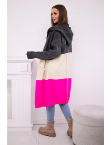 K-Fashion Pruhovaný svetr s kapucí grafit + béžová + růžová neonová
