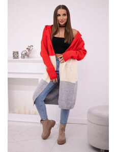 K-Fashion Pruhovaný svetr s kapucí červená + béžová + šedá