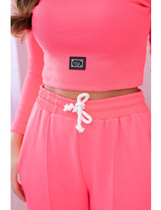 K-Fashion Bavlněná souprava žebrované halenkové + kalhoty Růžový neon