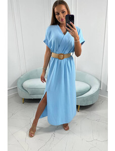 K-Fashion Dlouhé šaty s ozdobným páskem modré