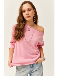 Olalook Women's Candy Pink Dirty Collar Printed Soft Textured Thin Sweatshirt