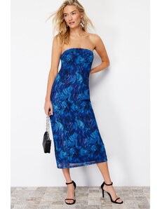 Trendyol Navy Blue Printed Tulle Lined Strapless Midi Knitted Dress